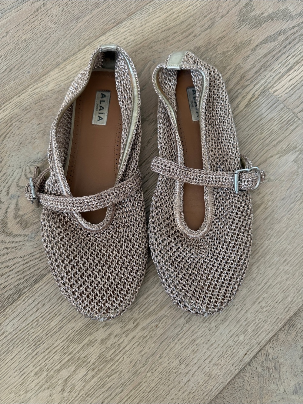 Alaia Light Beige Crochet Mary Jane Flats with Buckle